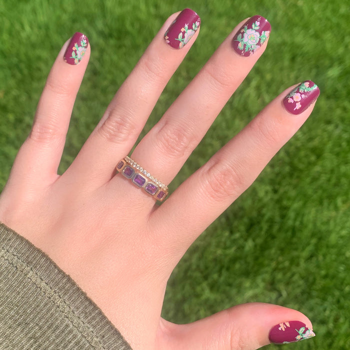Fall Micro Floral | Squoval | Extra Short press-on nails in berry tone with delicate fall floral designs for easy at-home mani