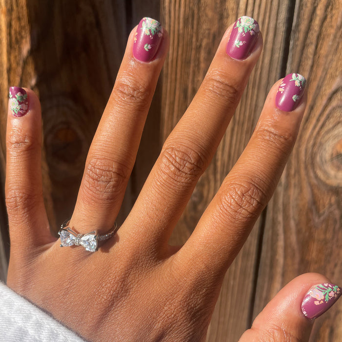 Fall Micro Floral | Squoval | Extra Short press-on nails with deep berry base and delicate floral details for an easy at-home mani