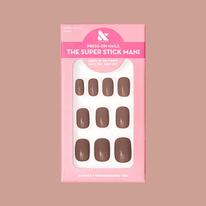 Fawn | Extra Short | Squoval - Tab Press-On featuring minky brown neutral false nails in pink packaging on matching background