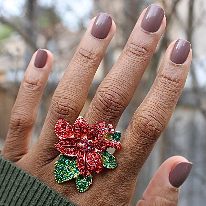 Fawn | Extra Short | Squoval - Tab Press-On showing matte minky brown neutral false nails on hand with jeweled floral ring outdoors