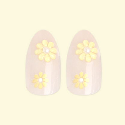 Flower Party with 3D Pearls - Press On | Medium | Almond