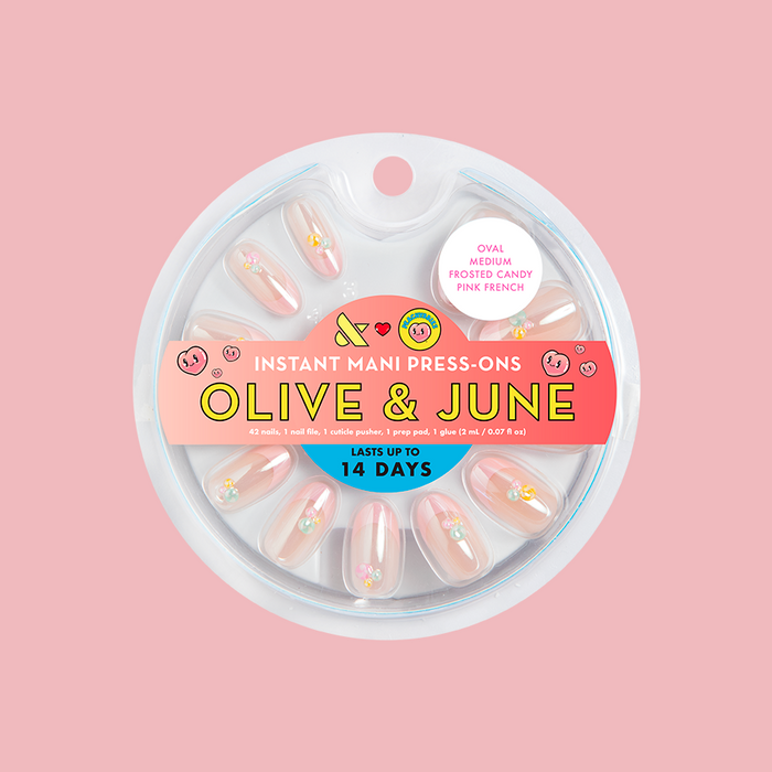 Frosted Candy Pink French - Press-On | Medium | Oval showing oval false nails with iridescent pink polish and 3D candy drop accents