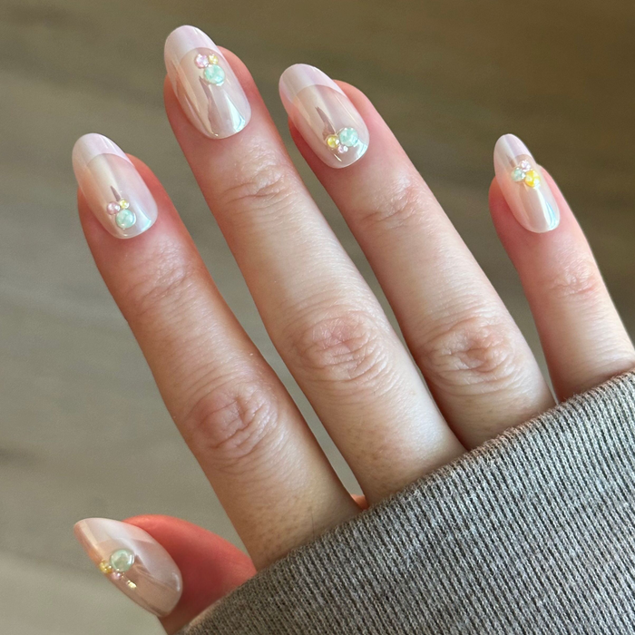 Frosted Candy Pink French - Press-On | Medium | Oval showing oval nails with iridescent pink polish and 3D candy gumdrop accents