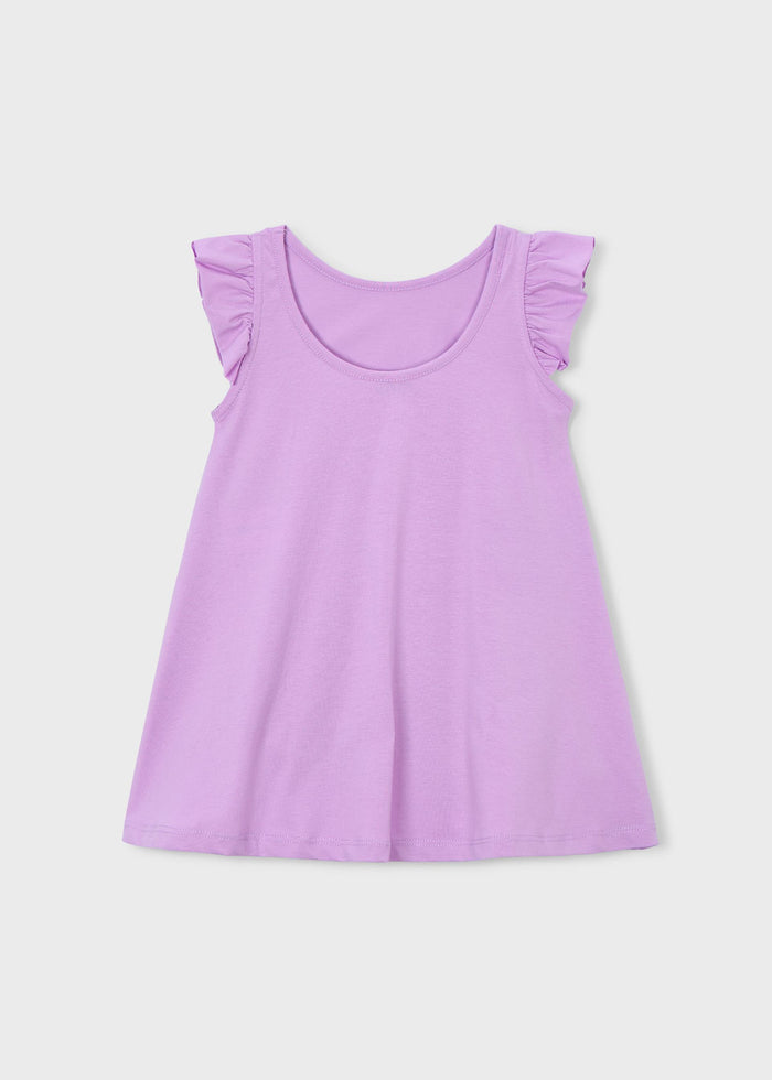 Back view of Mayoral Lilac girls dress with simple sleeveless shape and ruffle details.