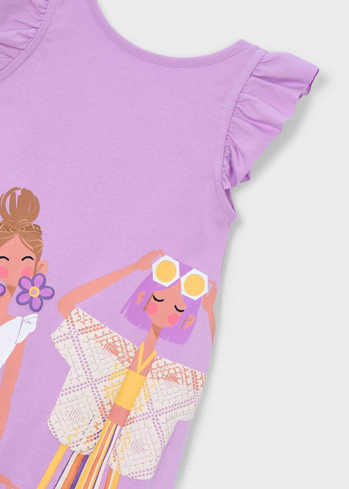 Closeup of Mayoral girls dress showing front graphic print and Lilac cotton knit fabric.