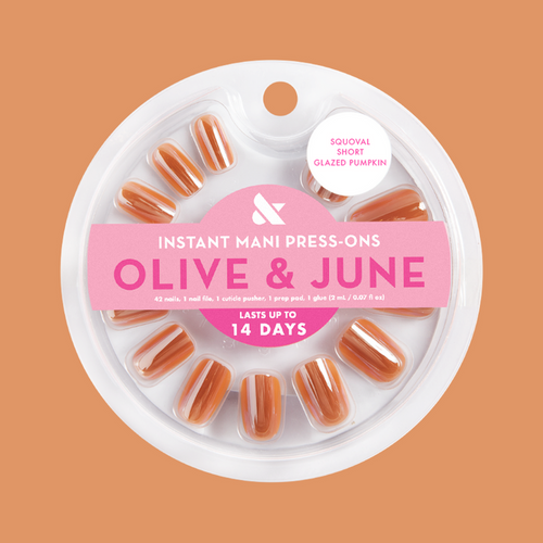 Glazed Pumpkin - Press-On | Short | Squoval false nails in shimmering pumpkin orange for easy at home mani