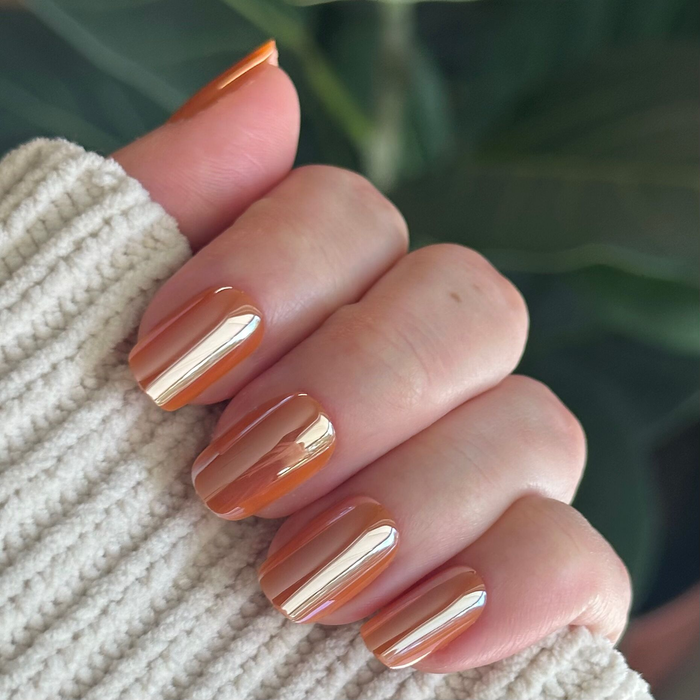 Glazed Pumpkin - Press-On | Short | Squoval short nails in shimmering pumpkin orange with chrome finish for at home mani