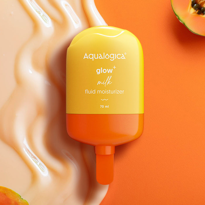 Aqualogica Glow+ Milk Fluid Moisturizer with creamy orange texture