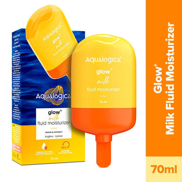 Aqualogica milk fluid moisturizer in 70ml drip bottle packaging
