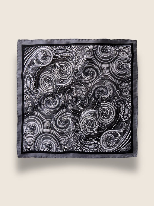 Grey Paisley Silk Pocket Square