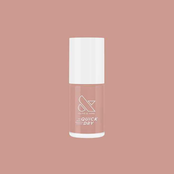 Bottle of Howdy neutral beige nail polish with quick dry formula on matching beige background