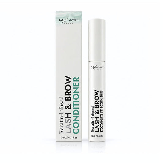 Keratin-infused lash and brow conditioner with packaging on a white background