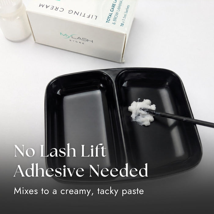 Lash Lift Powder mixed into a creamy paste in a black dish