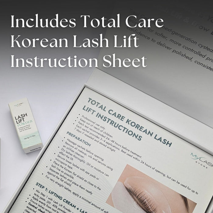 Korean lash lift instruction sheet with Lash Lift Powder box
