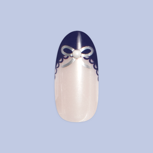 Lacy Pearl Navy French - Press On | Medium | Oval