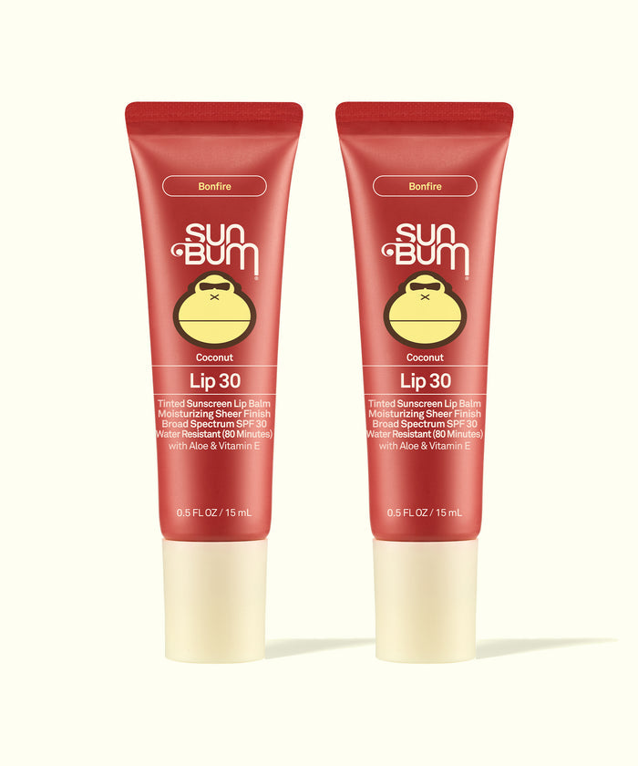 Two Sun Bum tinted lip balm tubes in Bonfire shade displayed side by side for Tinted Lip Duos product.
