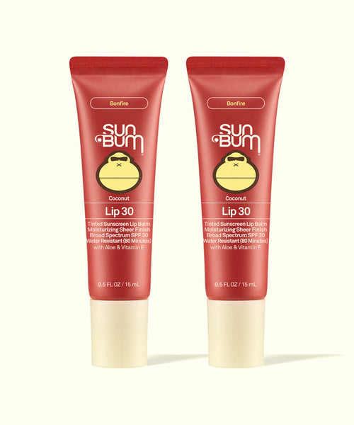 Two Sun Bum tinted lip balm tubes in Bonfire shade displayed side by side for Tinted Lip Duos product.