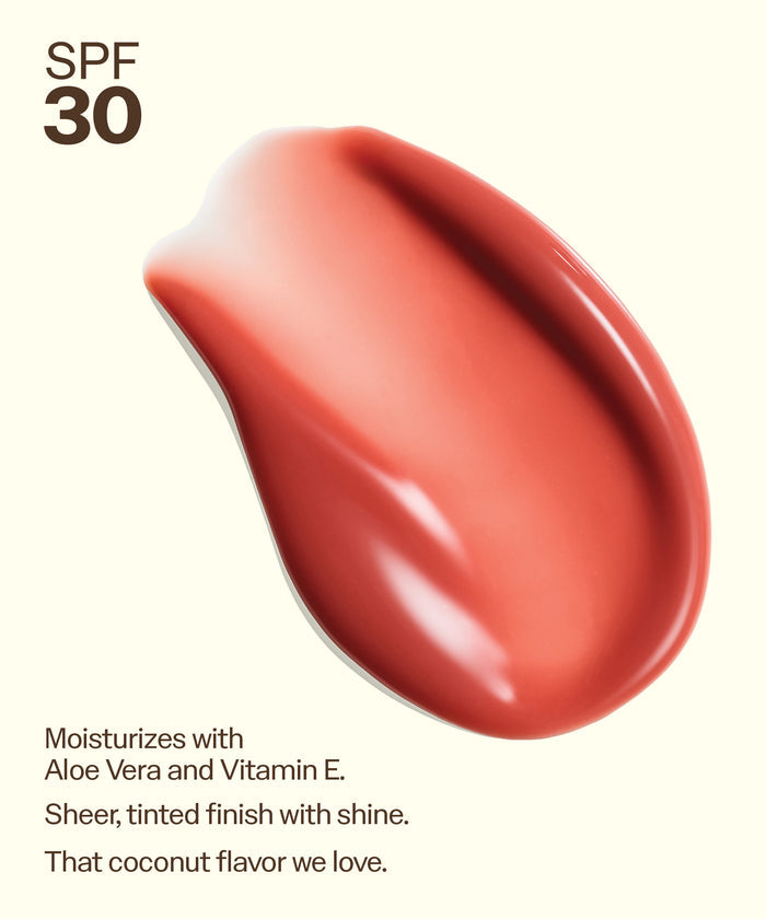 Swatch of Sun Bum Lip 30 Duo: Bonfire + Bonfire showing tinted, shiny finish with SPF 30 protection and moisturizing benefits. Moisturizes with
Aloe Vera and Vitamin E.
Sheer, tinted finish with shine.
That coconut flavor we love.