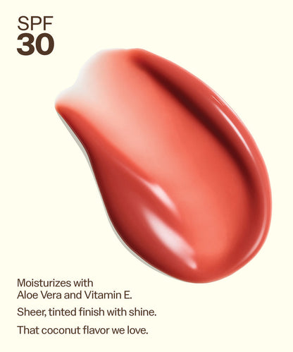 Swatch of Sun Bum Lip 30 Duo: Bonfire + Bonfire showing tinted, shiny finish with SPF 30 protection and moisturizing benefits. Moisturizes with
Aloe Vera and Vitamin E.
Sheer, tinted finish with shine.
That coconut flavor we love.