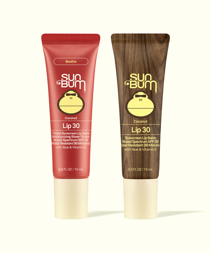 Sun Bum Lip 30 Duo: Clear + Bonfire tubes with coconut scent, moisturizing lip balms with SPF 30 protection