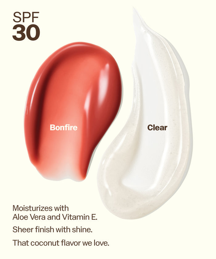 Sun Bum Lip 30 Duo: Clear + Bonfire swatches showing SPF 30 moisturizing lip treatments with aloe and vitamin E. Moisturizes with
Aloe Vera and Vitamin E.
Sheer finish with shine.
That coconut flavor we love.