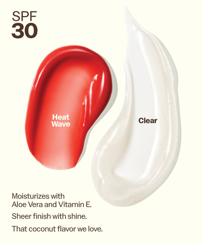 Swatches of Sun Bum Lip 30 Duo: Clear + Heatwave with SPF 30 moisturizing with aloe vera and vitamin E. Moisturizes with
Aloe Vera and Vitamin E.
Sheer finish with shine.
That coconut flavor we love.