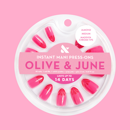 Magenta Chrome Tips - Press-On | Medium | Almond false nails with tonal pink and subtle chrome petal tips for easy manicure
