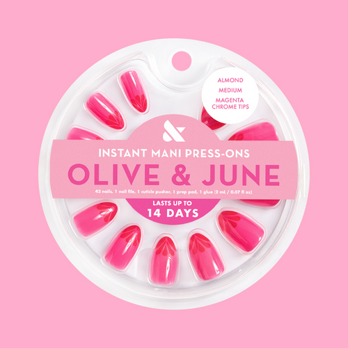 Magenta Chrome Tips - Press-On | Medium | Almond false nails with tonal pink and subtle chrome petal tips for easy manicure