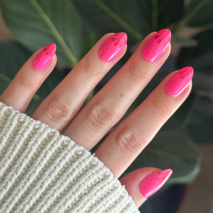 Magenta Chrome Tips - Press-On | Medium | Almond medium almond press-on nails with tonal magenta and subtle chrome petal design