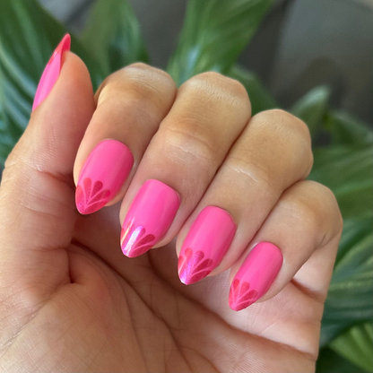 Magenta Chrome Tips - Press-On | Medium | Almond nails in bright pink with subtle chrome petal design for an easy at-home mani