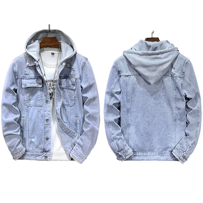 Men's Detachable Hooded Denim Jacket - Light Blue Cotton Jacket