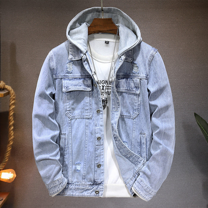 Men's Detachable Hooded Denim Jacket - Light Blue Cotton Jacket