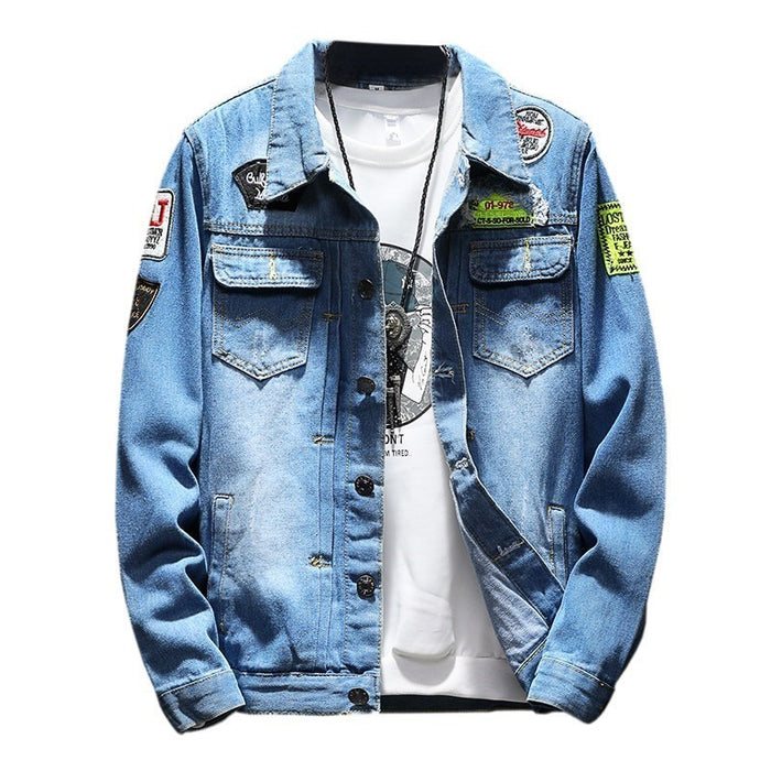Men's Large Size Denim Jacket - Solid Blue Long Sleeve