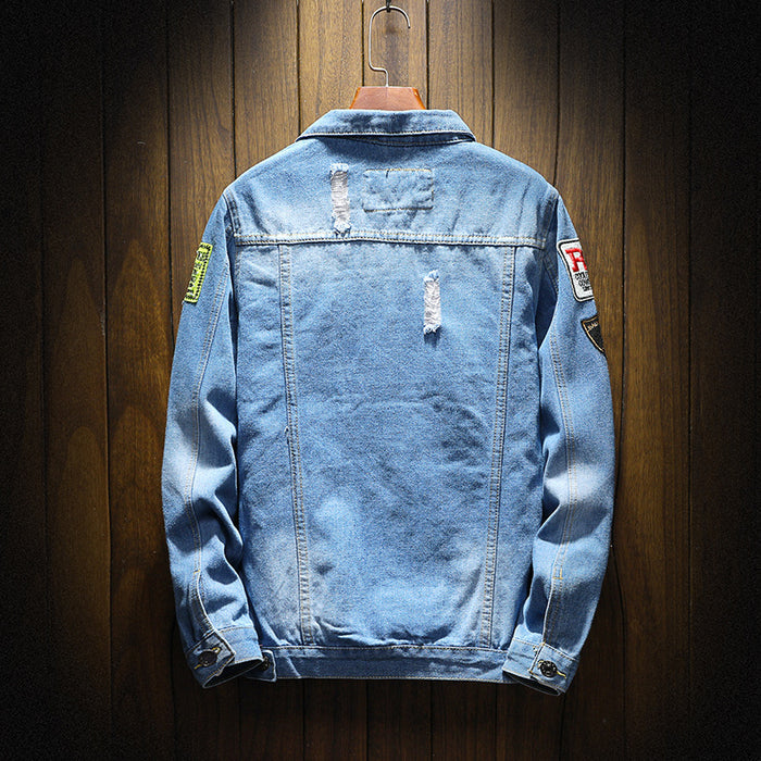 Men's Large Size Denim Jacket - Solid Blue Long Sleeve