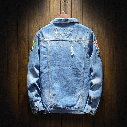 Men's Large Size Denim Jacket - Solid Blue Long Sleeve