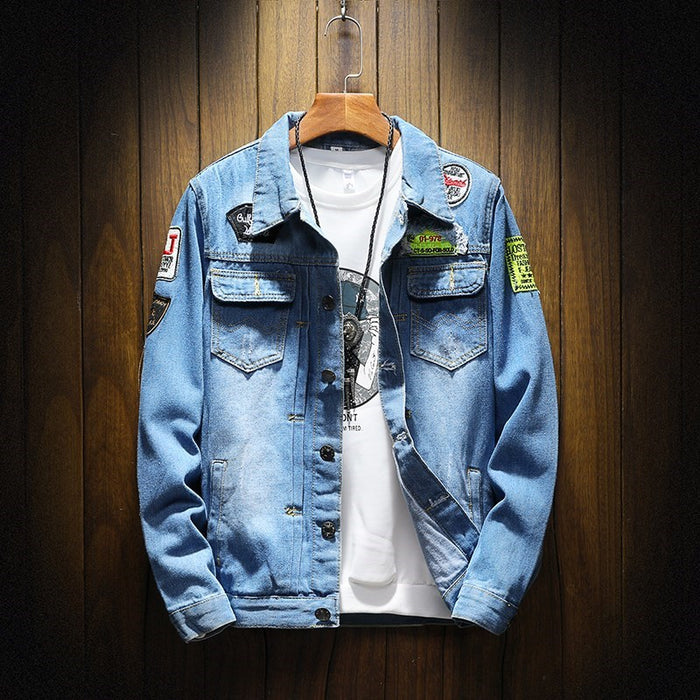 Men's Large Size Denim Jacket - Solid Blue Long Sleeve