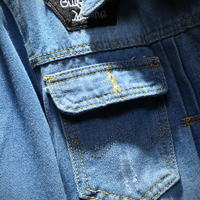 Men's Large Size Denim Jacket - Solid Blue Long Sleeve