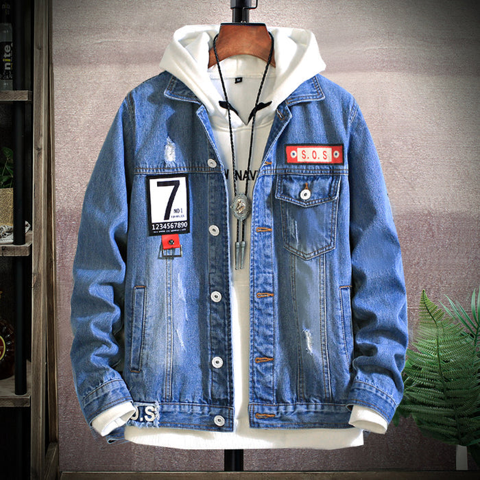 Men's Loose Gradient Denim Jacket - Thick Cotton Stand Collar