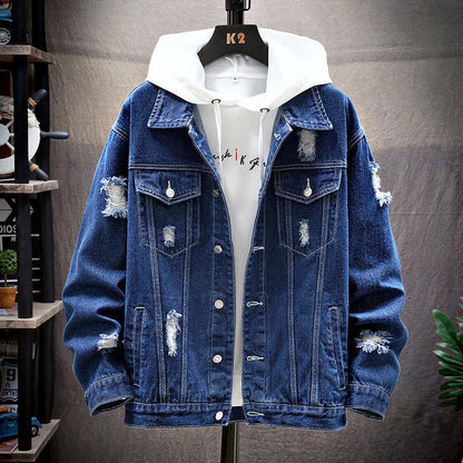 Men's Loose Gradient Denim Jacket - Thick Cotton Stand Collar