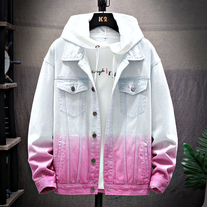 Men's Loose Gradient Denim Jacket - Thick Cotton Stand Collar