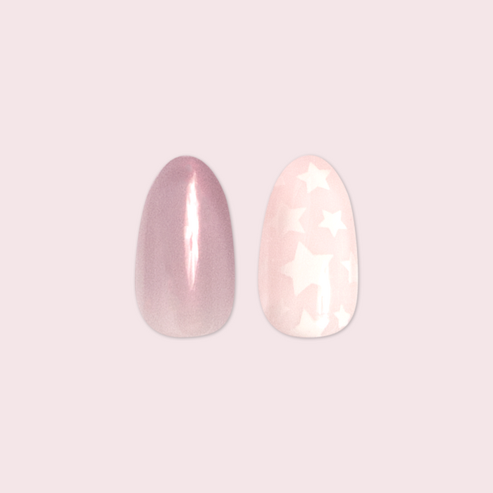 Mermaid Stars - Press-On | Medium | Almond showing iridescent purple and star patterned false nails for easy manicure.