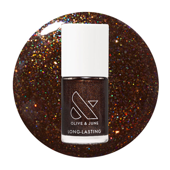 Olive & June Museum Date gel polish bottle with deep shimmering chocolate brown color and holographic sparkle