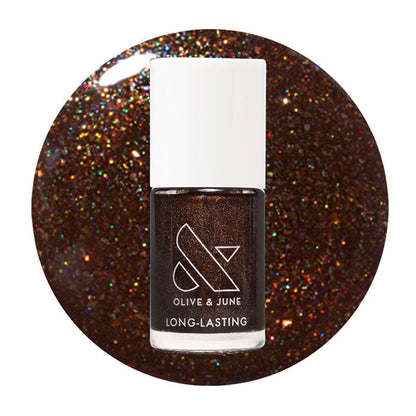 Olive & June Museum Date gel polish bottle with deep shimmering chocolate brown color and holographic sparkle