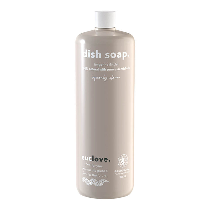 1L refill bottle of Euclove Natural Dish Soap with tangerine and tulsi.