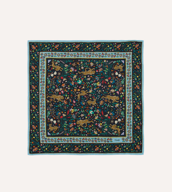 Navy Tiger Garden Print Wool-Silk Bandana