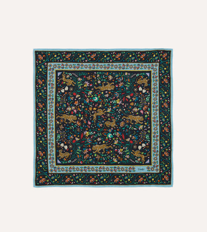 Navy Tiger Garden Print Wool-Silk Bandana