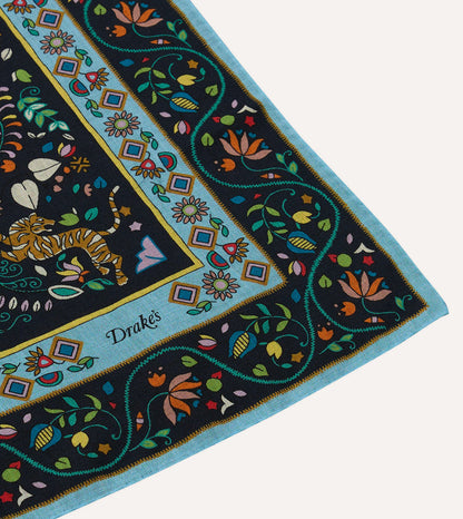 Navy Tiger Garden Print Wool-Silk Bandana