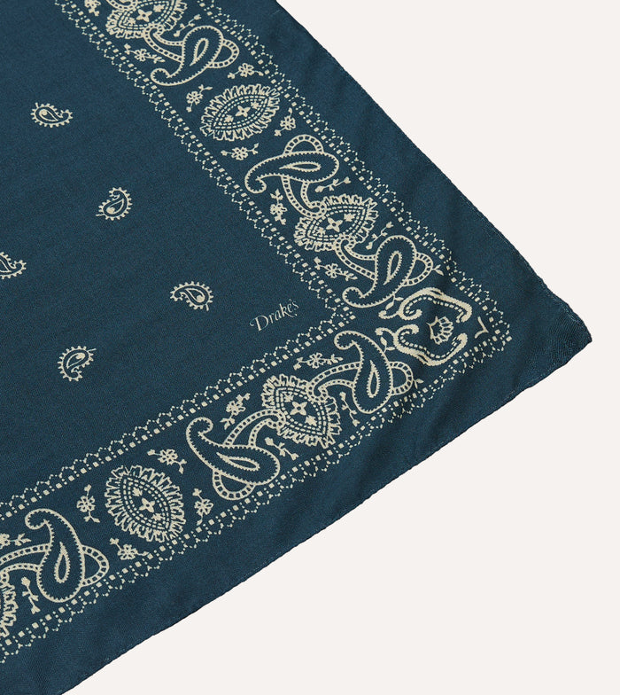 Navy Trad Paisley Print Wool-Silk Bandana