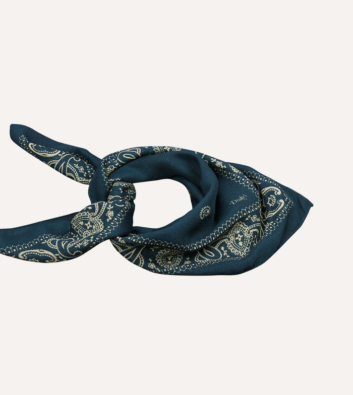 Navy Trad Paisley Print Wool-Silk Bandana
