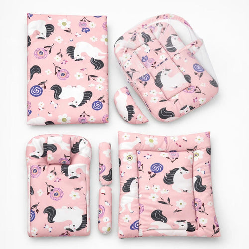 Newborn Cotton Bedding Set - 8 Pieces - Unicorn & Flowers - Pink